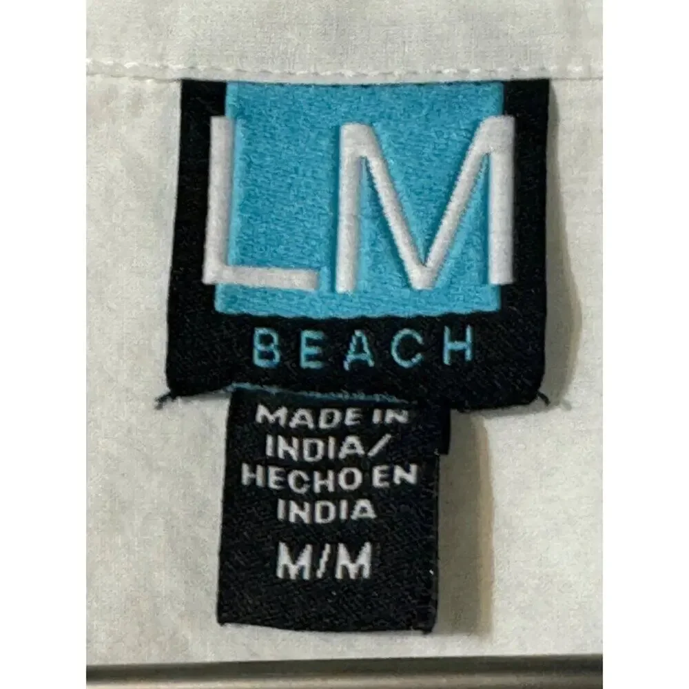 LM Beach Button Up Shirt White Cotton Roll Tab Sleeve Relaxed Fit Medium